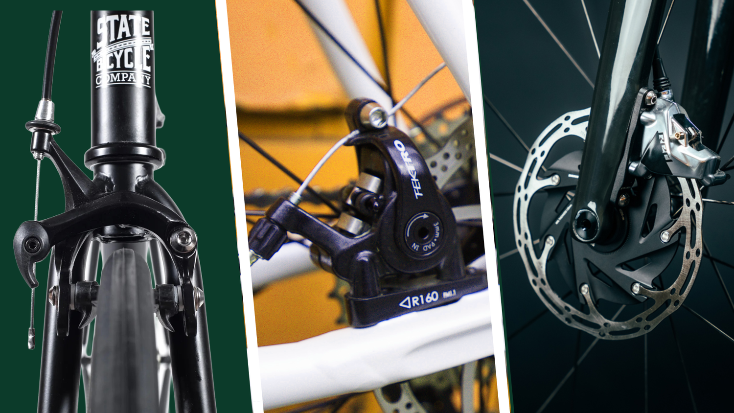 Close-up comparison of rim brakes, mechanical disc brakes, and hydraulic disc brakes on different bikes.