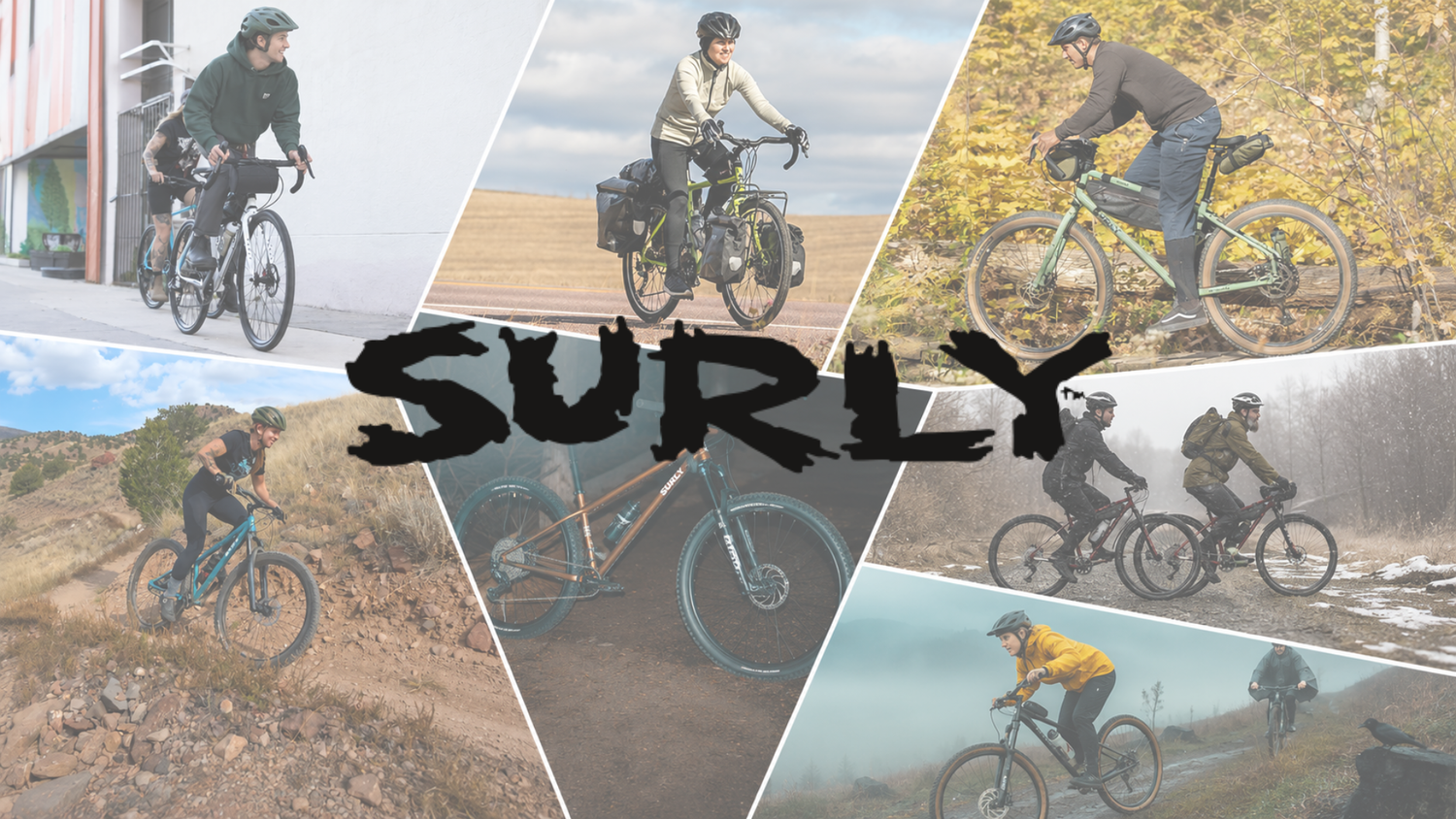 Surly bike buyer’s guide thumbnail showing a collage of pavement, touring, and trail riding images with the Surly logo across the centre.