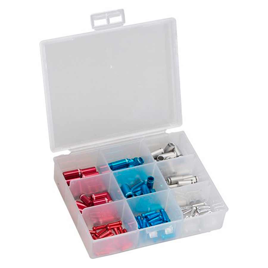 Jagwire, Tackle box, Includes 5 and 4mm housing stops as well as cable ends, Alloy, Red, Blue, Silver