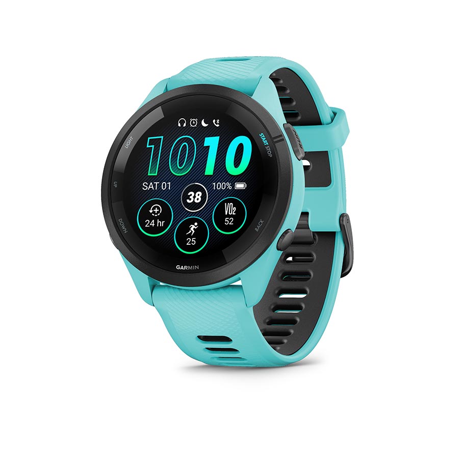 Garmin, Forerunner 265 Music, Watch, Watch Color: Aqua, Wristband: Aqua/Black - Silicone