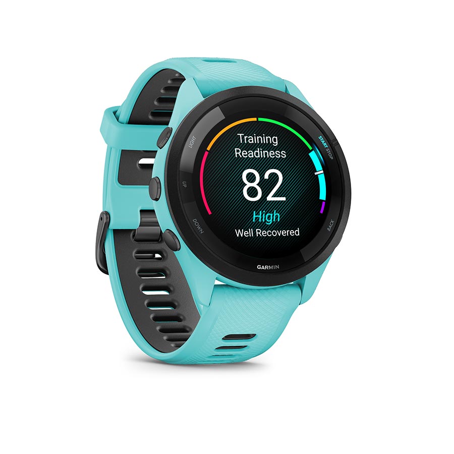Garmin, Forerunner 265 Music, Watch, Watch Color: Aqua, Wristband: Aqua/Black - Silicone