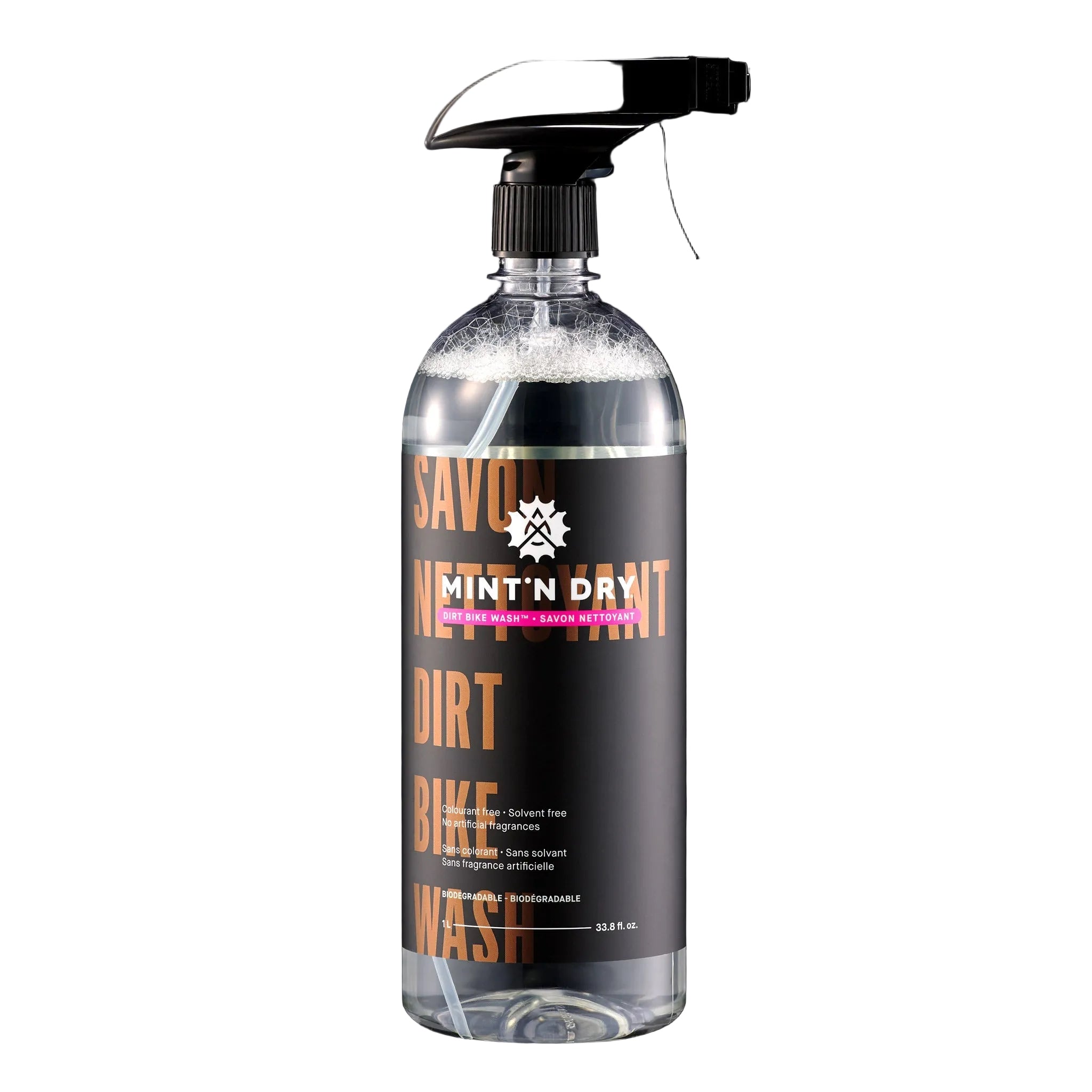Bottle of Mint 'N Dry Dirt Bike Wash on a black background